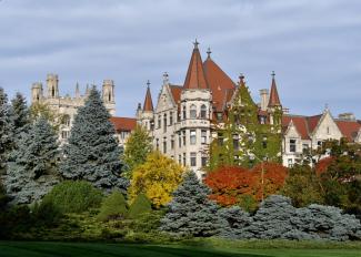 View of UChicago gothic architecture rising over multicolored trees