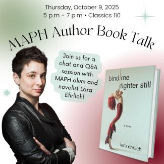 Flyer featuring Lara Ehrlich and the cover of her new book, 'Bind Me Tighter Still,' which features a mermaid in a standing position bound with ropes.